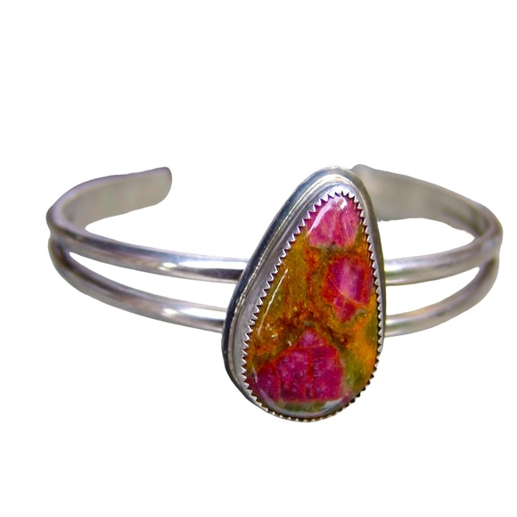 Sterling Silver Ruby Fushite Bracelet Cuff Handcrafted by Sandy Robinson Jewelry - Picture 2 of 7